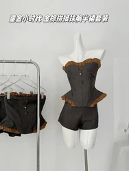 Summer Women Korean Vintage Old Money Design Rave Outfits 2 Piece Set Aesthetic Ruffle Tube Top + Office Lady Shorts Hot Pants