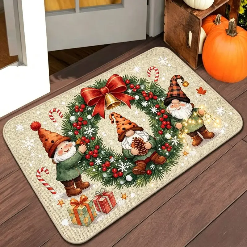 VIKAMA Gnome Sled Doormat, Three Christmas Gnomes Pulling Sled with Tree Gifts, Cute Welcome Mat for Front Door