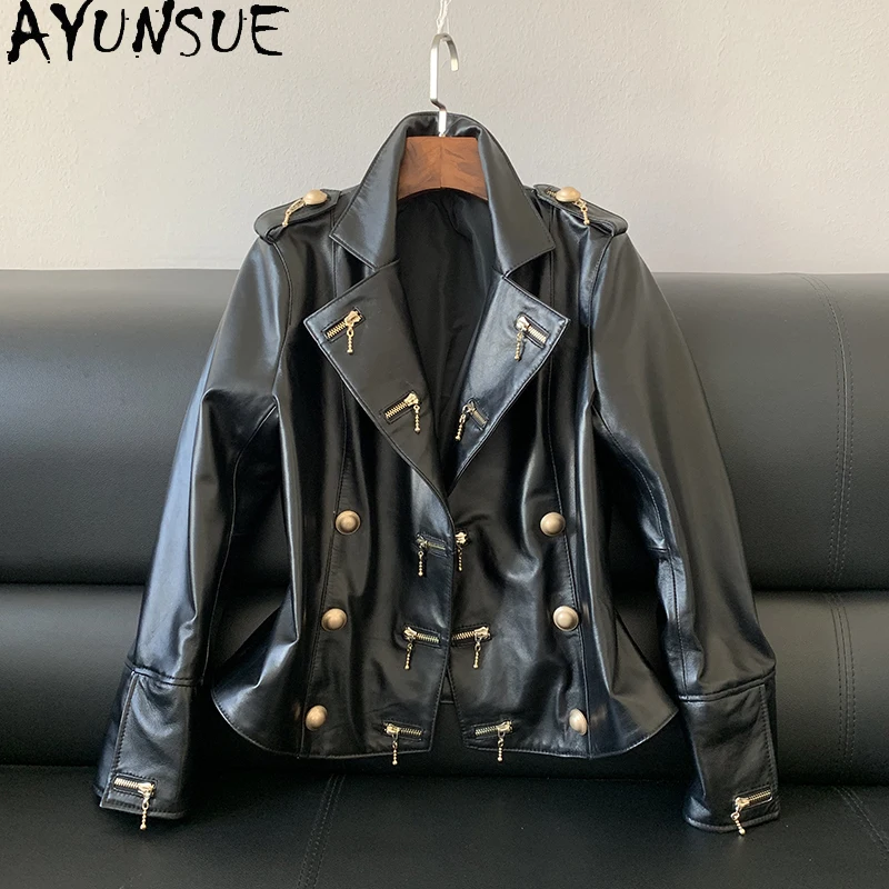 AYUNSUE Real Leather Jacket Coat Women Zippers Genuine Leather Sheepskin Motorcycle Fashion Luxury Brand Designer Ladies Tops