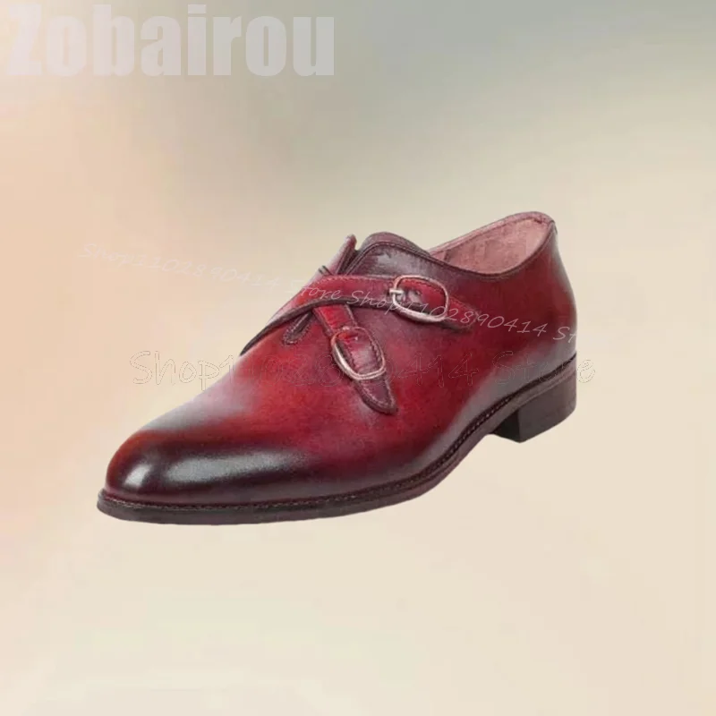 Burgandy Gradient Color Buckle Decor Loafers Fashion Slip On Men Shoes Luxurious Handmade Party Banquet Office Men Dress Shoes