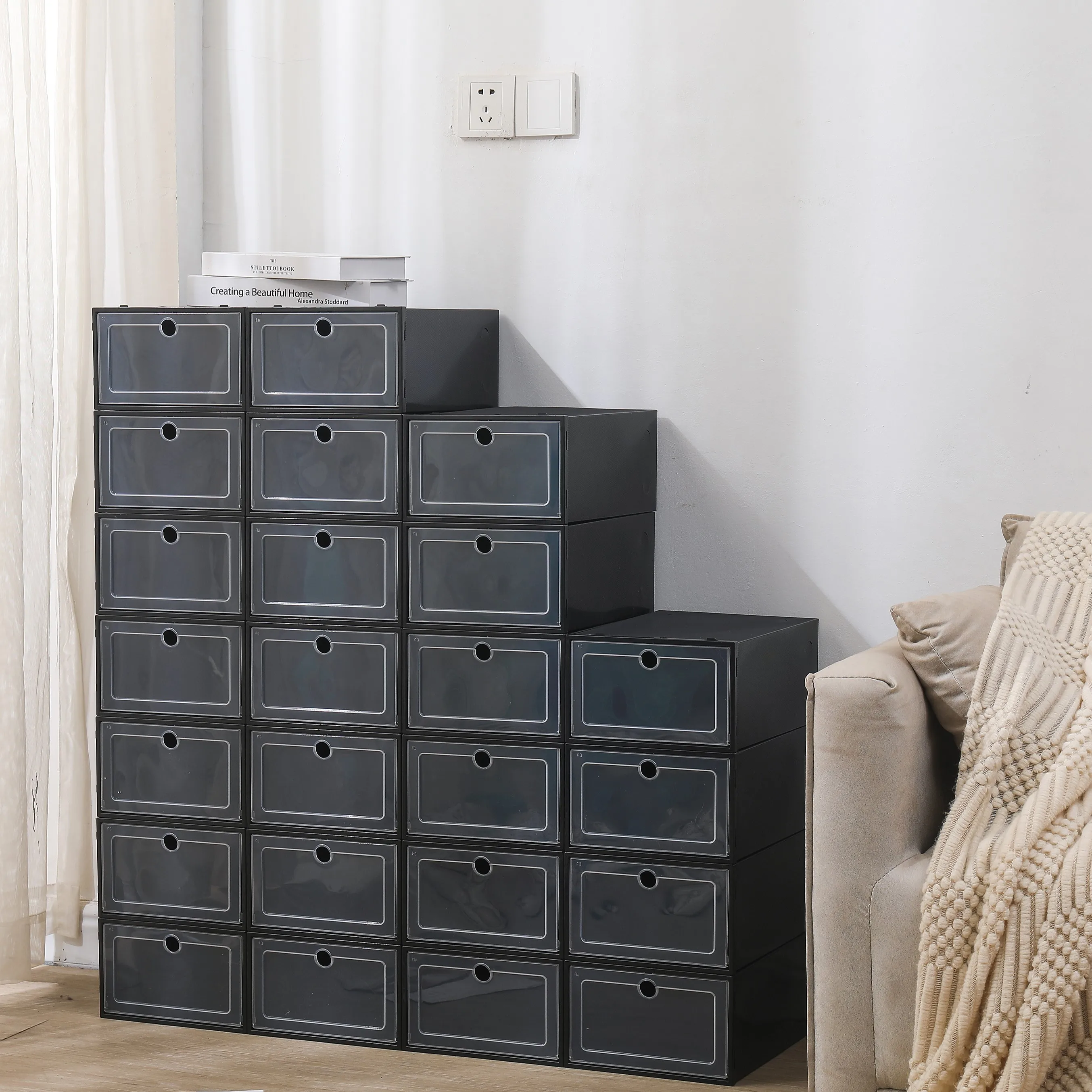 BYMAOCAR 24 Pack Clear Stackable Shoe Storage Boxes, Black Flip Lid Shoe Organizer for Closet Bedroom Entryway