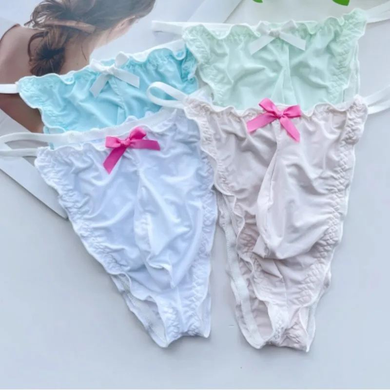 Man's Ice Silk Thong Crossdressing Sweet Bow Ruffled Low Rise T-back Lingerie LGBQ Convex Pouch Soft Comfortable Underpants
