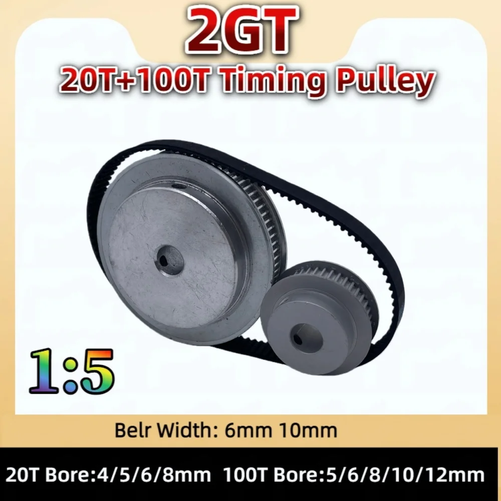 

20Teeth 100Teeth 2GT Timing Pulley Set Reduction 1:5 Belt Width 6mm 10mm20T 100T GT2 Synchronous Pulley Belt Kit 2GT Belt Pulley