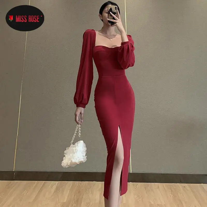 

Women Splice Dress Long Sleeve Elegant Party Slim Calf Length Puff Sleeve Midi Dress Spring Autumn Sexy Palace Vintage Club