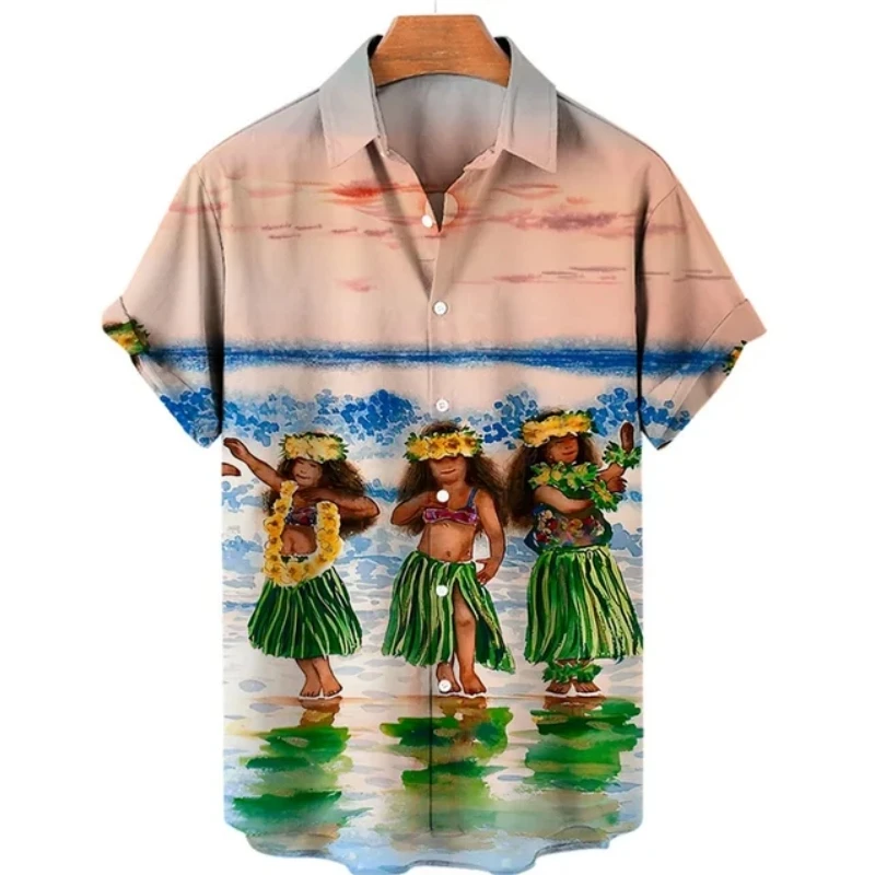 Hawaiian Men's Shirt Loose Lapel Button-Down Shirts Surfer Boy Graphic Short-Sleeved Printed Tee Beach Party Clothing Men Shirts