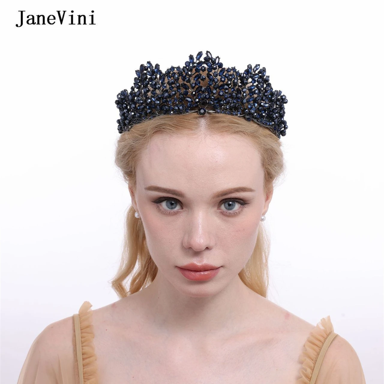 

JaneVini Luxury Navy Women Baroque Rhinestones Crystal Bridal Headwear Tiaras Bride Party Crown Wedding Hair Jewelry Accessories