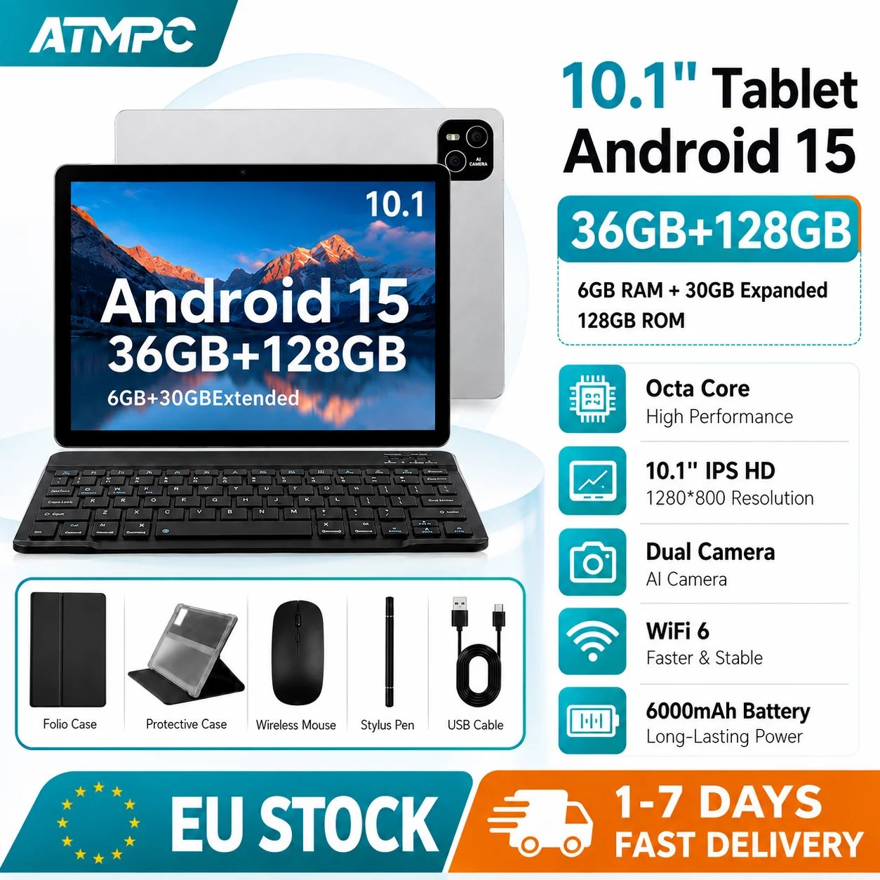 Tablet PC 2 en 1 ATMPC de 10.1 Pulgadas con Android 15, 36 GB de RAM (6 GB + 30 GB ampliables), 128 GB de ROM, Procesador Octa Core