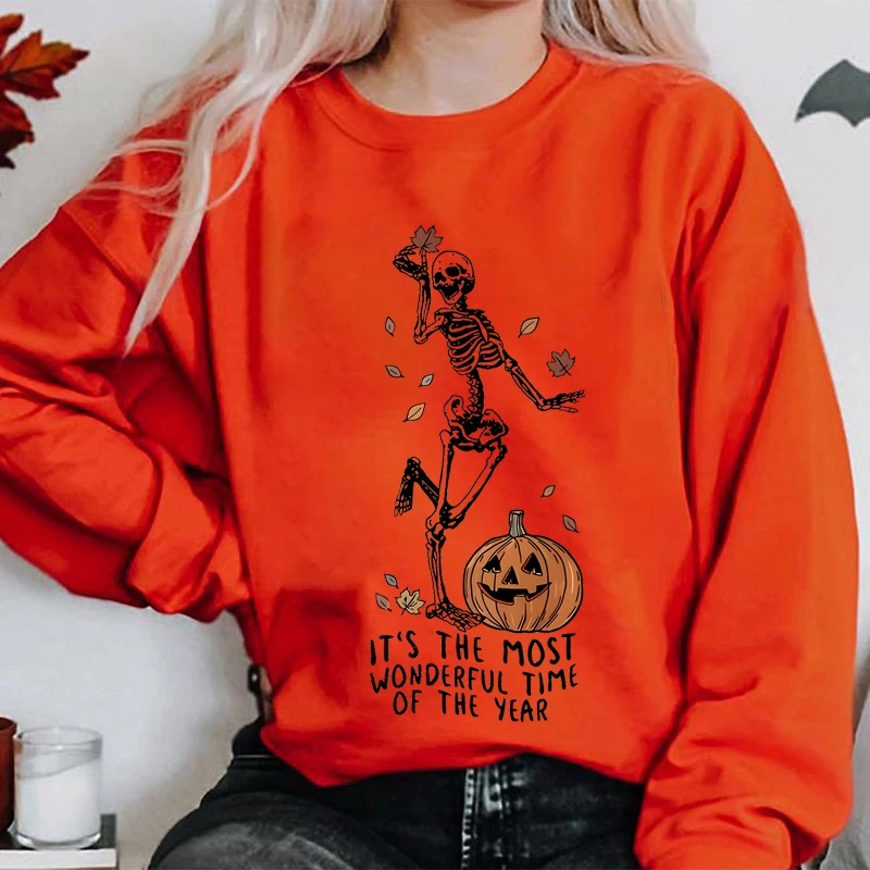 Esqueleto e Abóbora feminino de Halloween estampam camisolas de manga longa, moletom casual gola redonda, roupas plus size