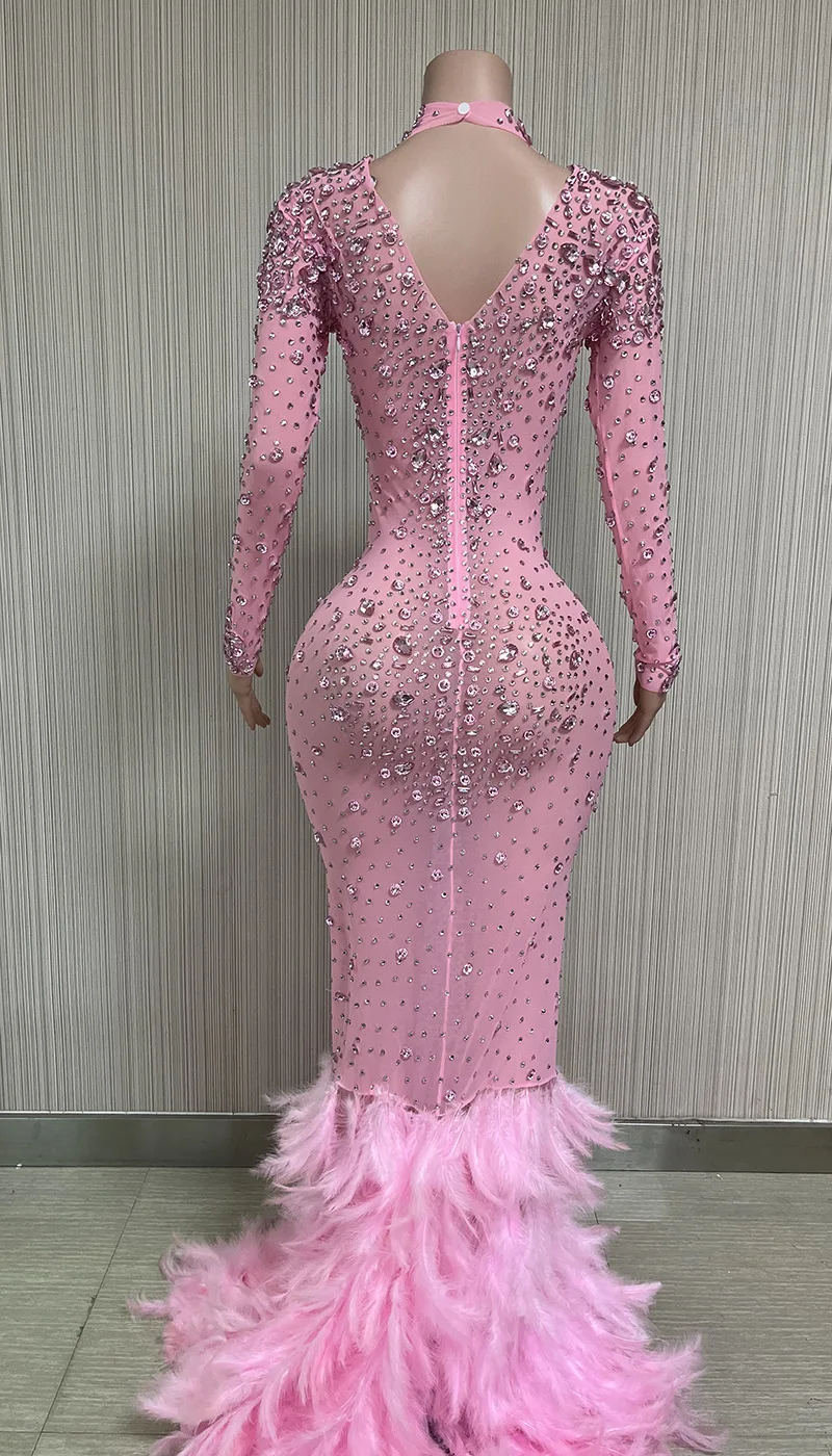 Customized New Long Sleeve Feather Streaking lace  High Elastic Sequins Sexy Tight Dress Birthday Party  Dress Performance Dress