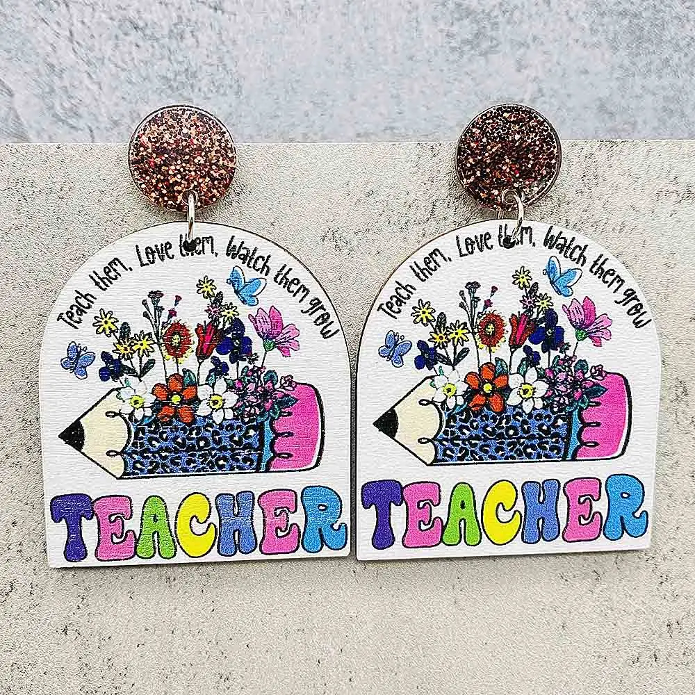 New Wooden Teacher Student Earrings Rainbow Apple Book Leopard Pattern Earrings for Women Jewelry Gifts
