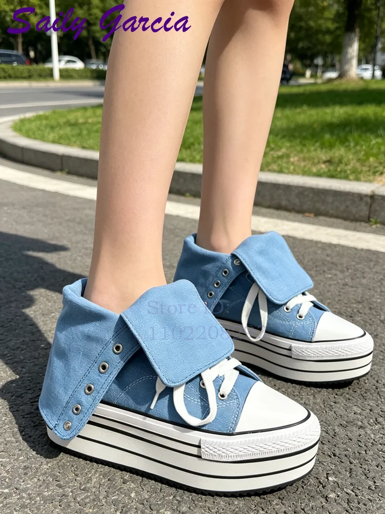 Pointed Toe Blue Canvas Ankle Boots Solid Cross-tied Platform Height Increasing 2026 Summer New Fashion Punk Lace-up Women's Sho