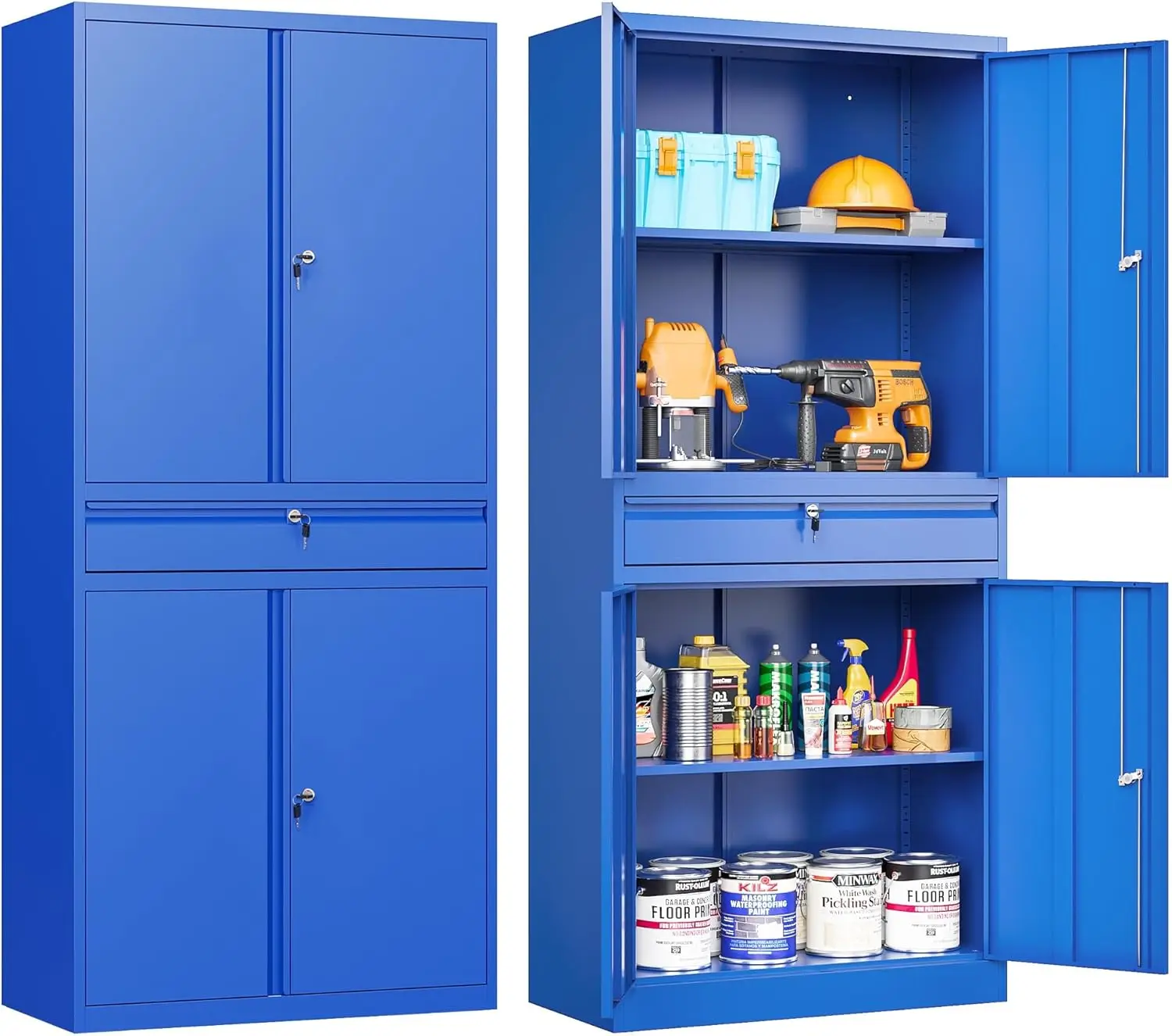 

SISESOL Metal Storage Cabinet with Drawer Garage Cabinet with Lock Blue Metal with Doors and Shelves Locking Steel 71" Lockable