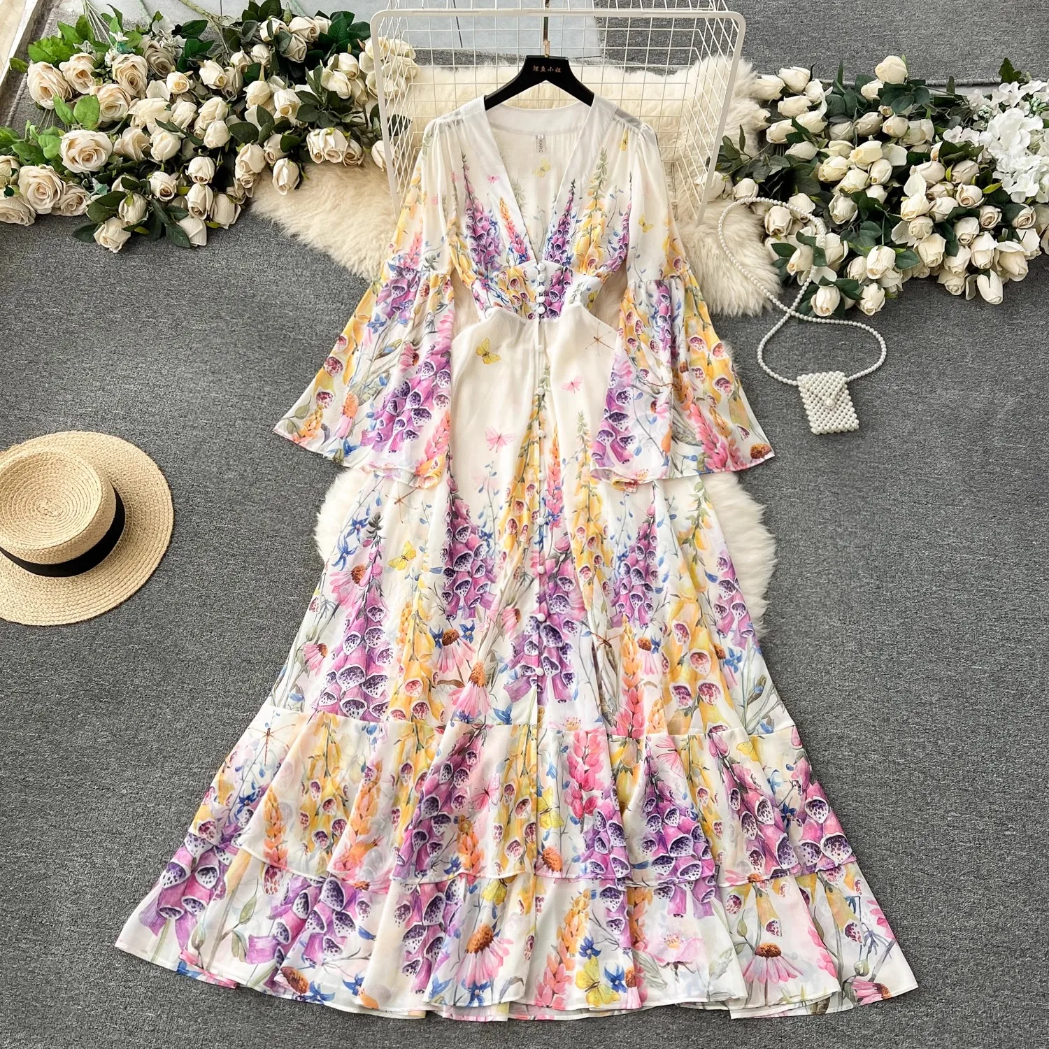 Zomervakantie Prachtige Bloem Chiffon Ruches Cake Jurk Dames V-Hals Flare Mouw Bloemenprint Boho Robe Lange Vestido 6230