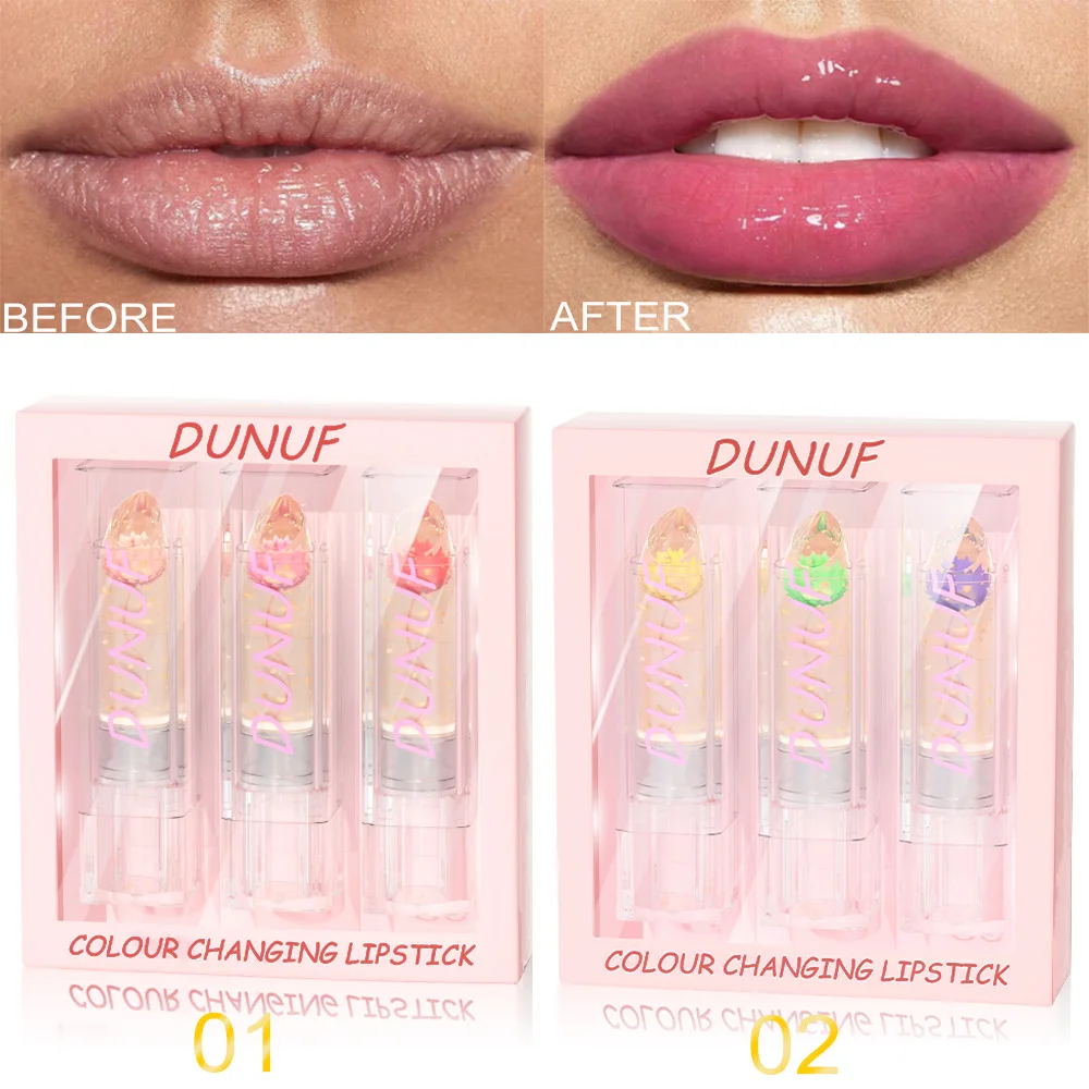 DUNUF 3 Packs Dried Flowers Color Changing Lipstick Lip Gloss Set Moistening Lip Crystal Temperature Makeup Transparent Lip Balm