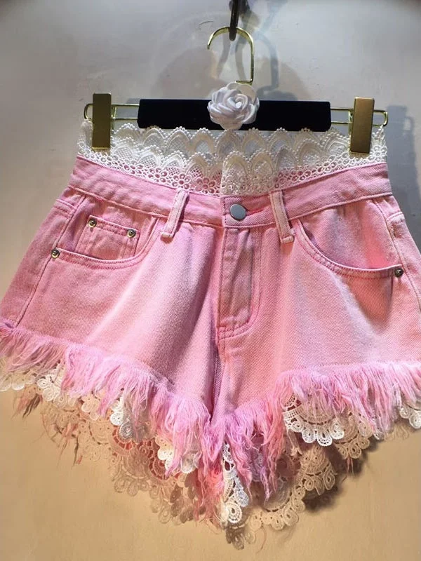 

Outlet Station Splicing Hook Flower Lace Trim Slimming Denim Shorts Hot Pants High Waist Korean Style Summer Commute Cotton B...