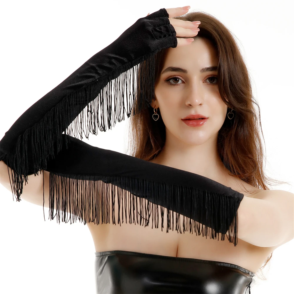 Half-finger Tassel Elbow Gloves Retro Satin Latin Dance Stage Performance Arm Sleeves Women's Evening Party Clothing Accessories