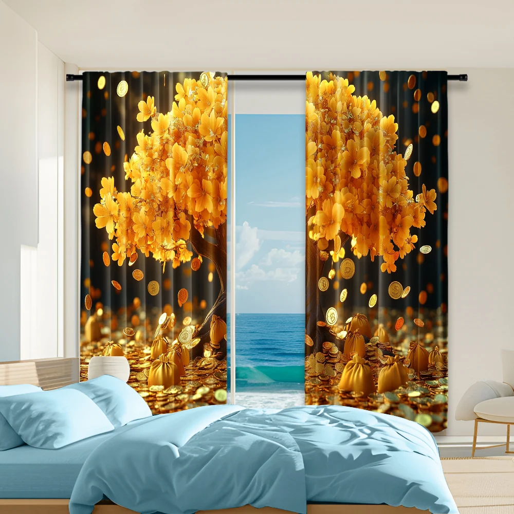 

2 pcs, versatile polyester transparent curtains for home decoration Tree of Life Gold Currency and Dollars for use in bedrooms