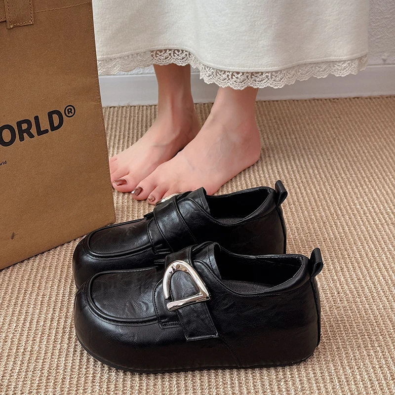 Autumn Oxford sole shoes all black with raised leather surface, waterproof Boken single shoes, widened shoes