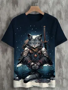 Kaos Kasual Cetak 3D Kucing Edo Pria Prajurit Samurai Seni Jepang Pria / Wanita Atasan Leher O Lengan Pendek Kaus Kebesaran Pakaian Anak 10 kucing prajurit penjualan terbaik - №