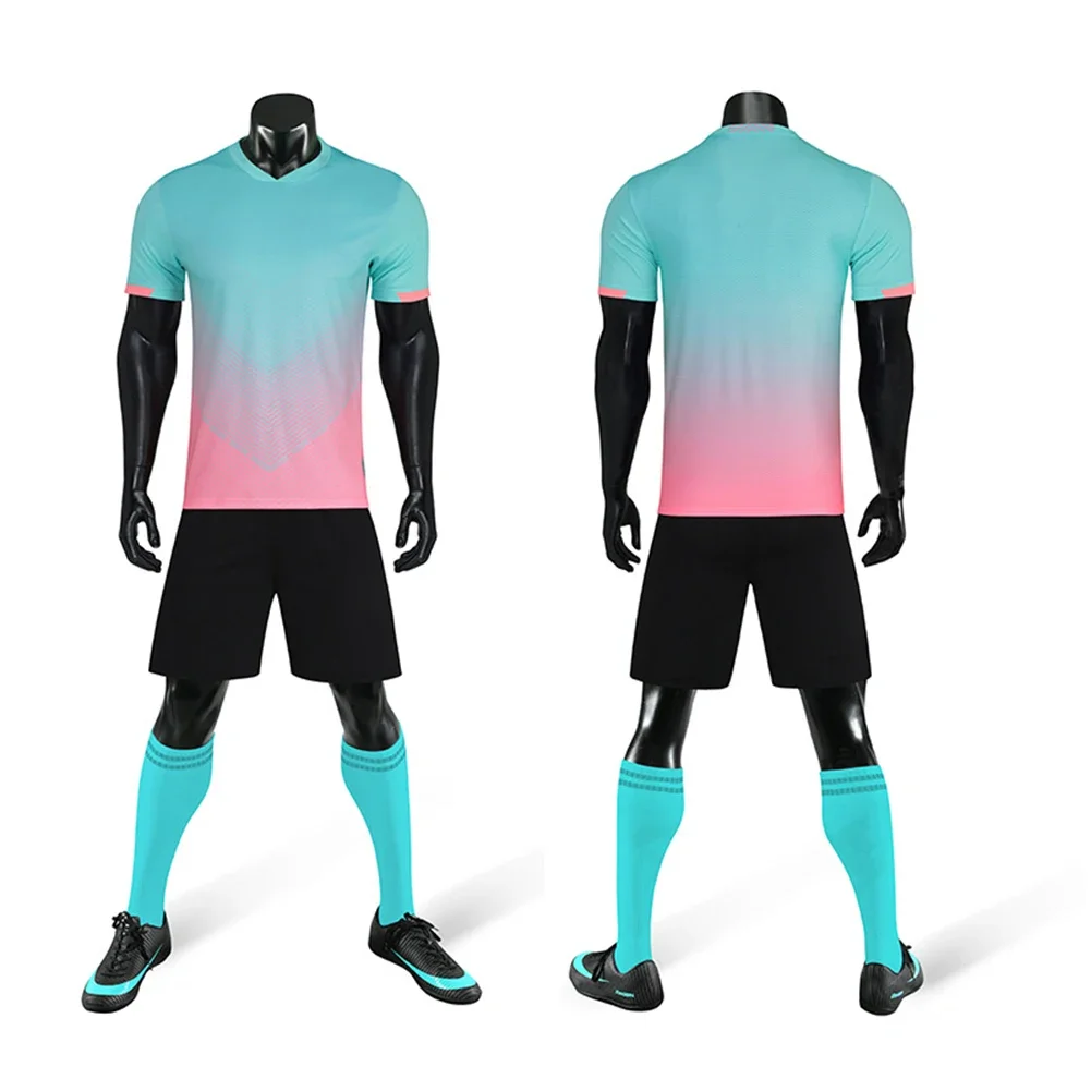 Mens Gradient Short Sleeve Football T-shirt Shorts 2PCS Suit Soccer Jerseys Set
