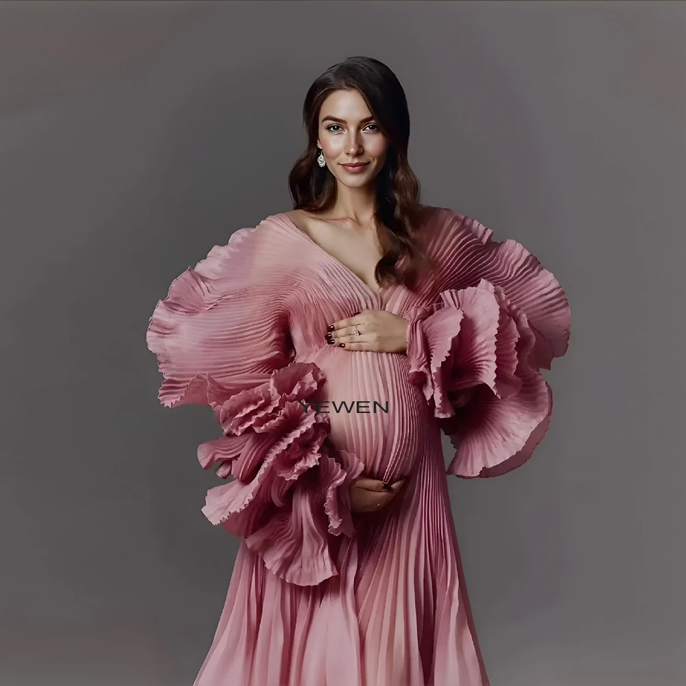 2025 V Neck Pleated Organza Maternity Dresses for Photoshoot Long Dress for Pregnancy Shoot Baby Shower Dresses YEWEN YW243116 image 2