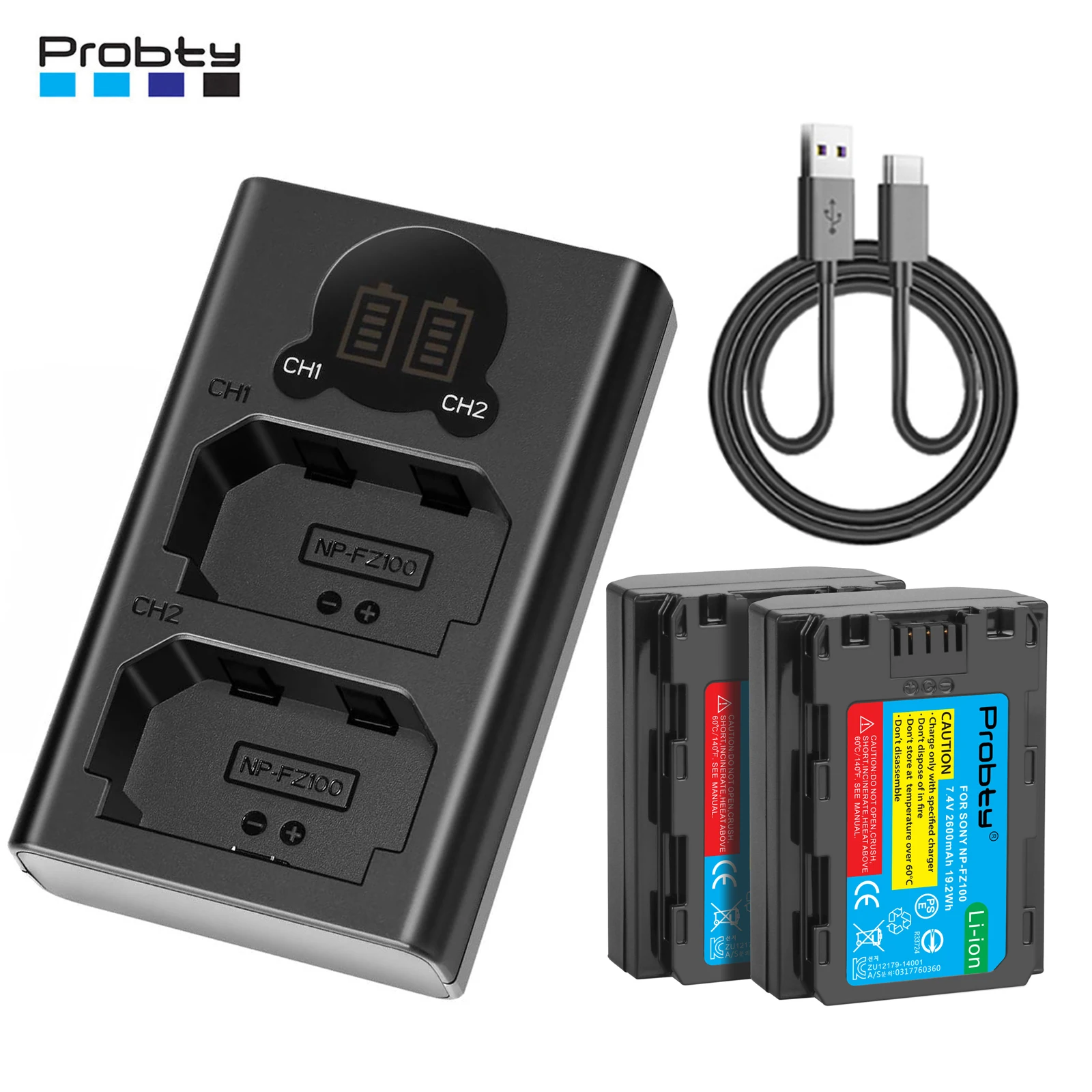 2600mAh NP-FZ100 NP FZ100 Battery + LED Dual USB Charger for Sony ZV-E1 FX3 FX30 A9 A9 II A7R III A7R IV A7S III A7R5