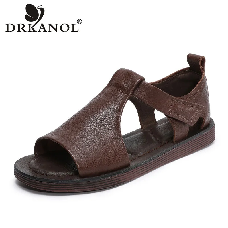 

DRKANOL Women Flat Sandals Summer Open Toe Shoes Retro Style Genuine Cow Leather Hook And Loop Soft Outside Casual Beach Sandals