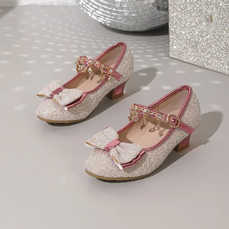 Girls Princess Party Shoes Sequins Star Tassel Chain Children Catwalk Leather Shoes New Sweet Elegant Kids Dress High Heel Shoes
