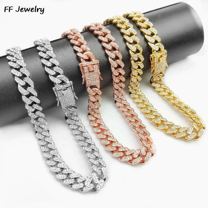 13MM Hip Hop Men Women  Prong Cuban Link Chain Bling Iced Out 2 Row Rhinestone Paved Miami Rhombus Necklace Jewelry