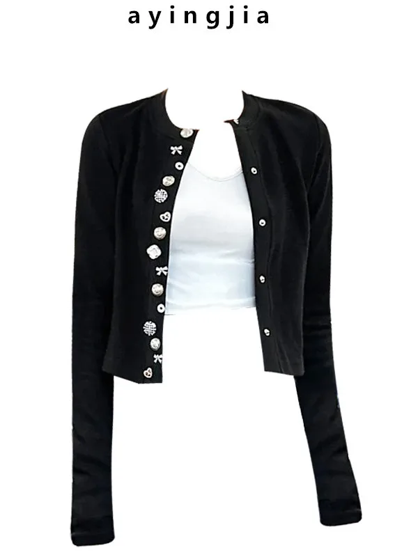 

Ele ort Knitted Sweater for Women with Heavy Button Design Slim Fit Bla Cardigan Luxury Feel Casual Wear Autumn Season