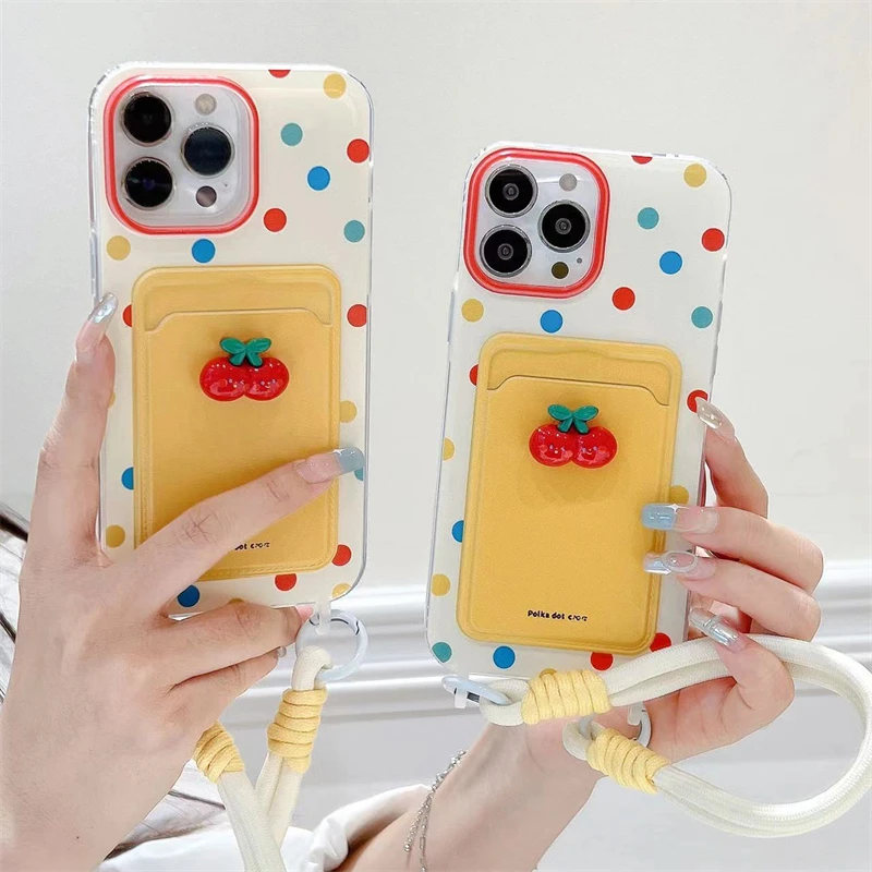 Korea Cartoon Spots 3D Cherry Card Bag Lanyard Phone Case For iPhone 15 ProMax 11 12 13 14 Pro Max Plus X  Shockproof Back Cover