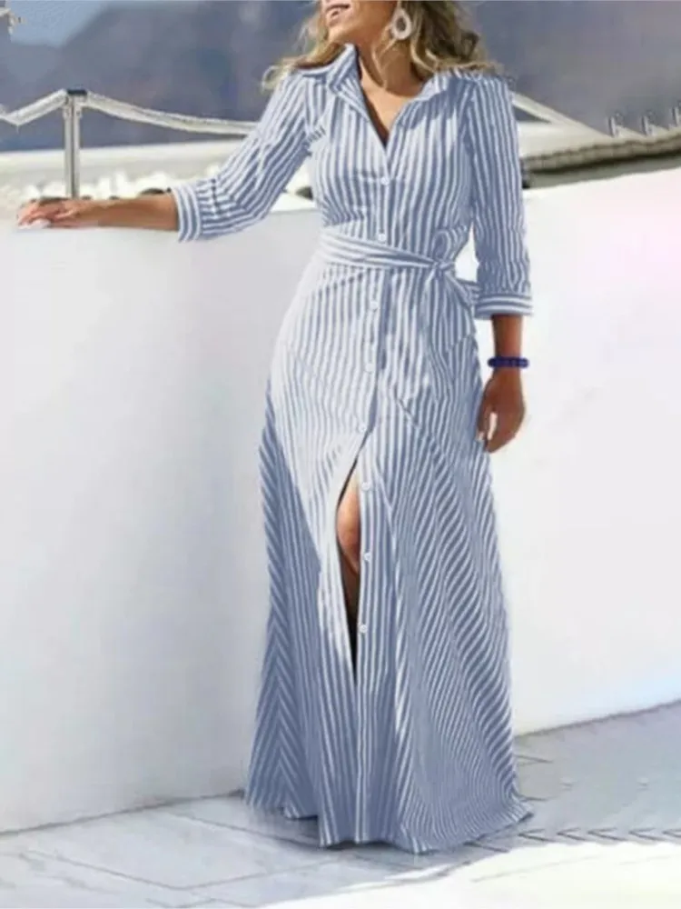 

Fashion Striped Cotton Linen Yarn Woven Lapel Button Long Dress New Women's Cardigan Lace Up Shirt Loose Waistband Dress