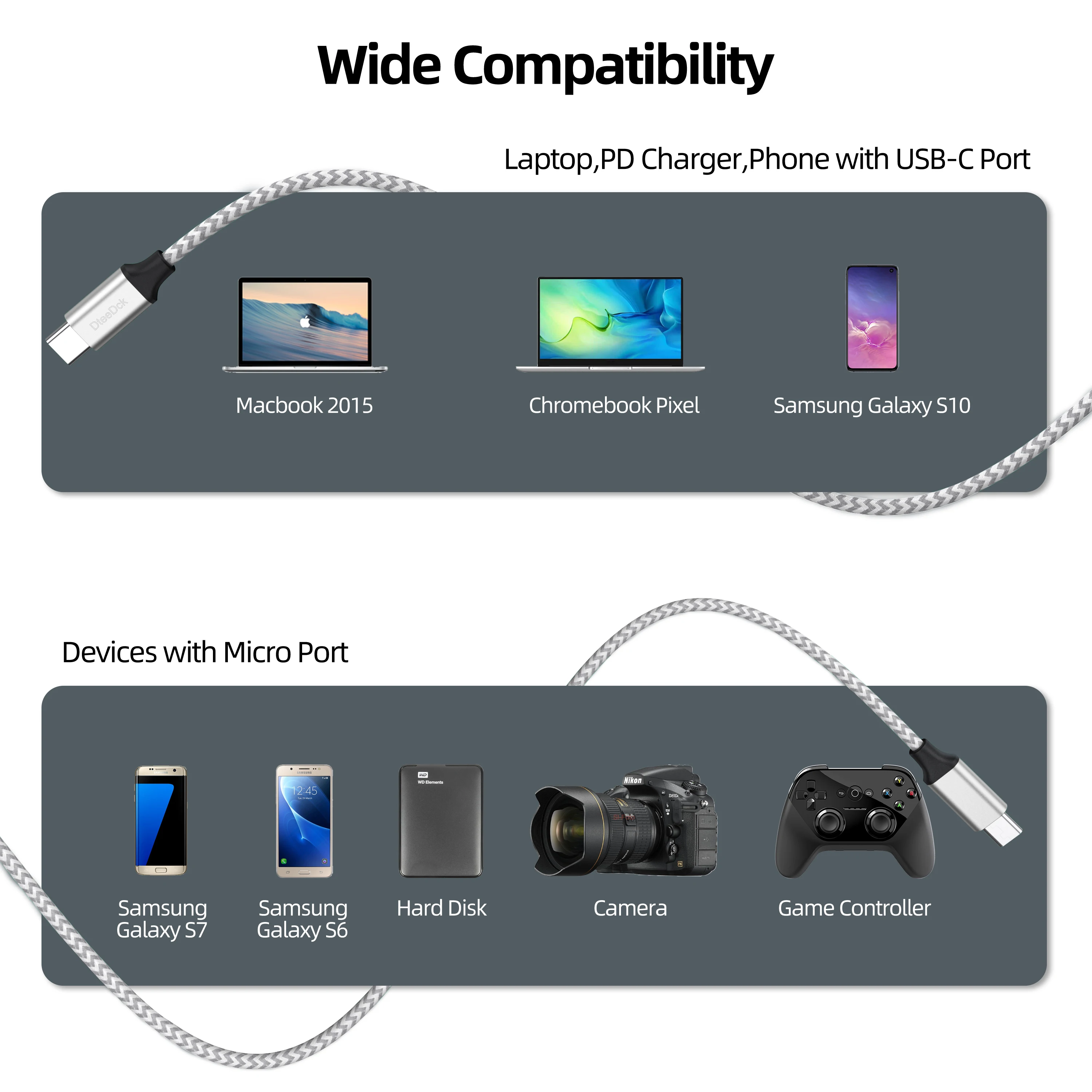 DeetDck USB C naar Micro USB-kabel Nylon gevlochten usb micro mannelijk naar usb c mannelijk metaal Compatibel Macbook Pro met Galaxy S7/S6