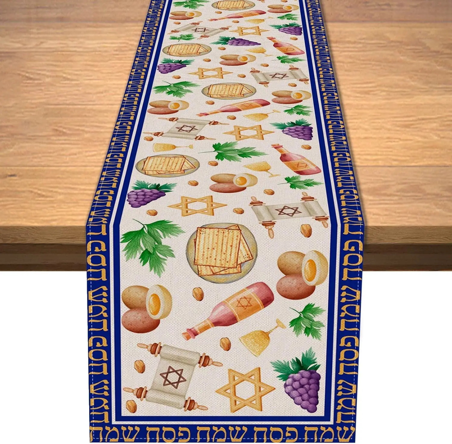Passover Matzo Red Wine Table Runner Jewish Holiday Table Decor Reusable Pesach Kitchen Dining Table Runner Pesach Decorations