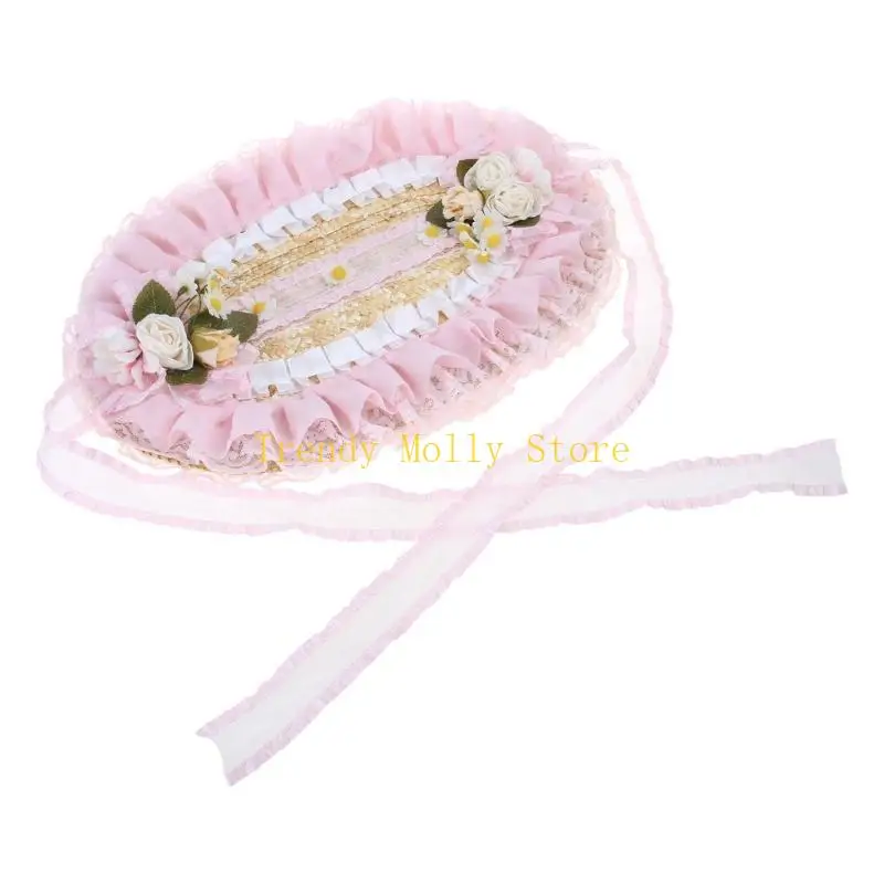 

N5KB Шляпа от солнца ручной работы с кружевным декором в изысканном стиле, чаепитие для женщин в стиле Лолиты, соломенная шляпа