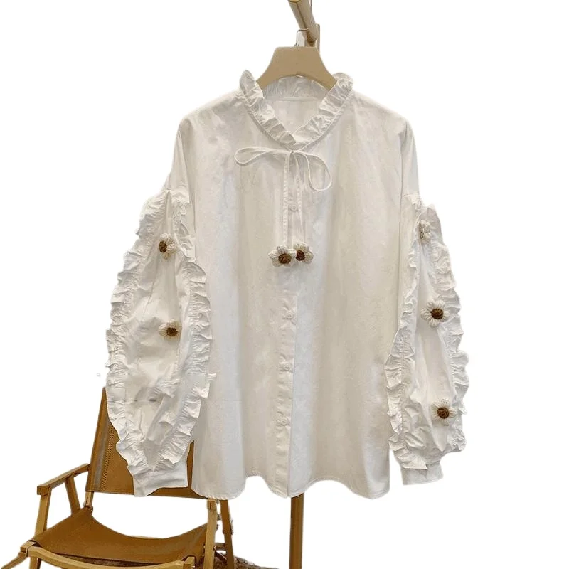 Vintage Sweet Lolita 3D Floral Ruffle Blouses Long Sleeve Women Tops Original Design Shirts Stand-up Collar Girls Clothes Chic