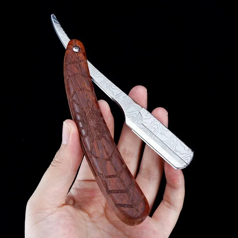 Damascus Pattern  Stainless Steel Folding Razor Spider Rosewood Grain Handle Men\'s Facial Shaver Straight razor Holder G0722