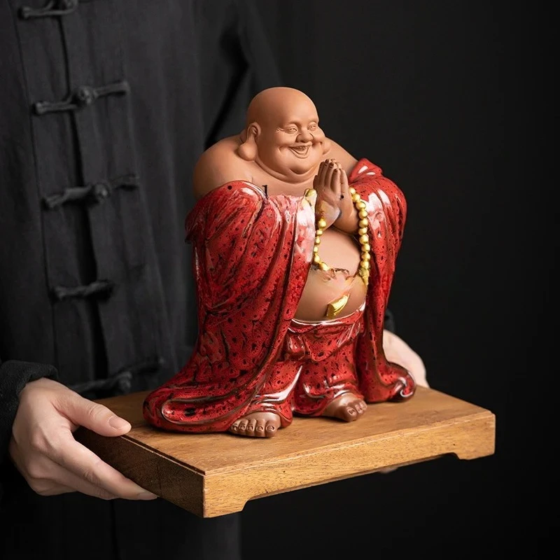 Chinese-style big-bellied Maitreya Buddha ceramic lucky Buddha statue ornament, living room entrance office decoration