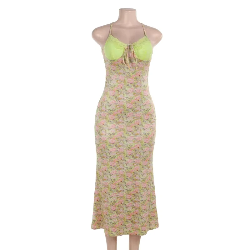 

Lace Patchwork Print Backless Tie Strap Dress Summer Floral Long Dress A-line Dress