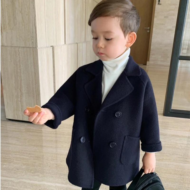 مزيج الصوف الأزرق الداكن الأطفال نمط طويل دعوى معطف الصوف الزفاف زهرة فتاة اللباس سترة