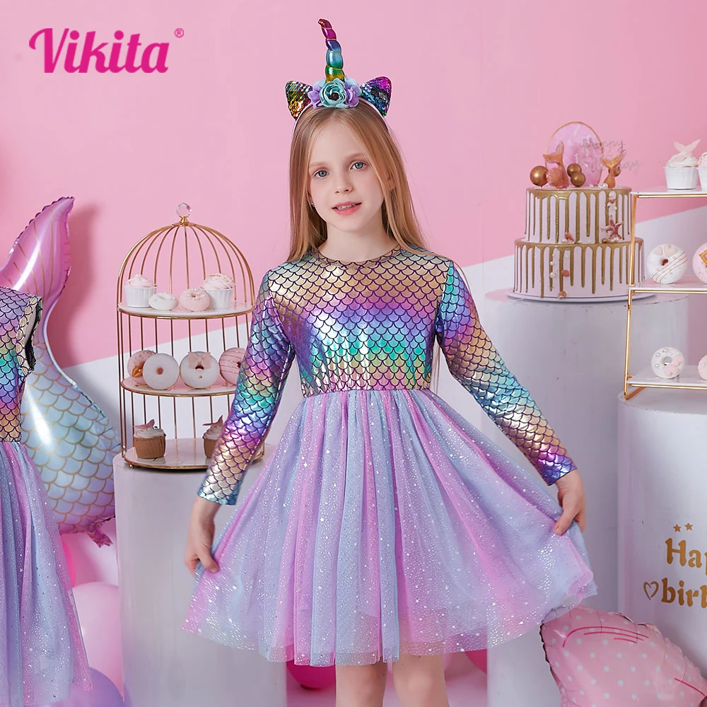 VIKITA Girl Mermaid Sequins Tutu Dress Ball Gown Performance Birthday Dancing Dresses Girls Layered Princess Elegant Party Dress