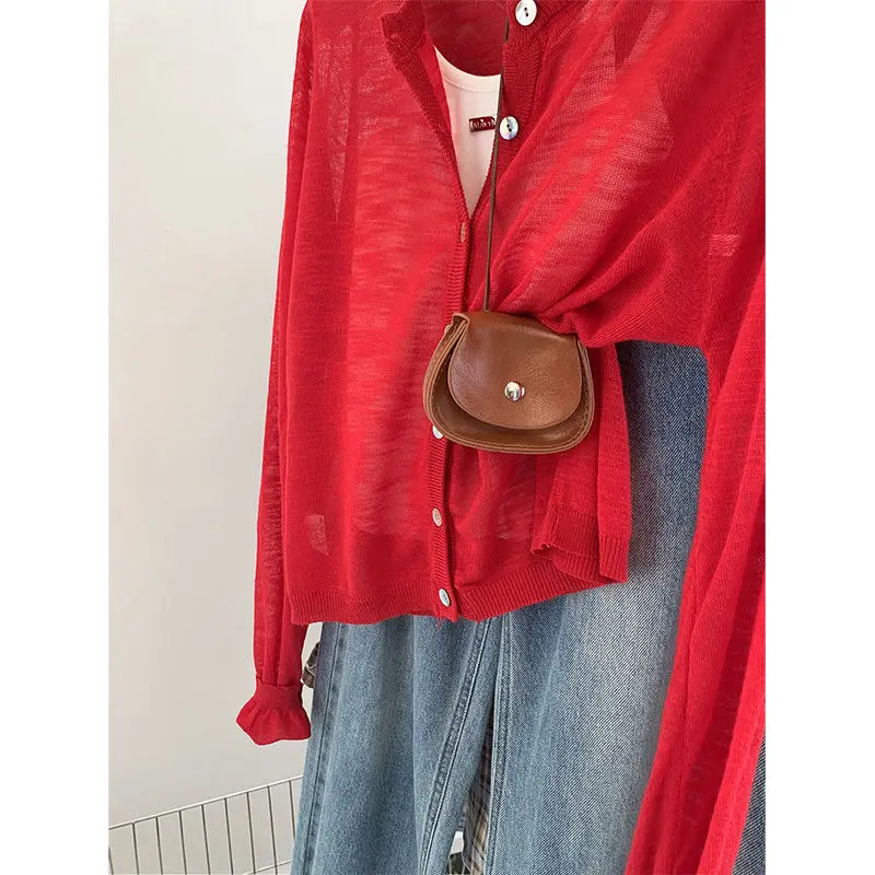 Red Ice Silk Knitted Sun Protection Cardigan for Women\'s Summer 2024 New Style with Hollowed Out Outer Cover and Bow Thin Top