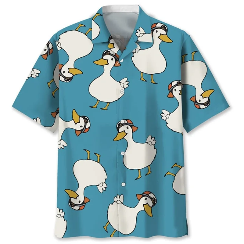 

Cartoon Duck Pattern Hawaiian Shirt For Men Summer 3d Animal Printed Shirts Lapel Short Sleeves Women Street Loose Button Blouse