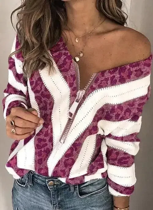

2024 Spring Autumn New Female Zipper V-neck Sweater Women Loose Casual Striped Pullover Sweaters