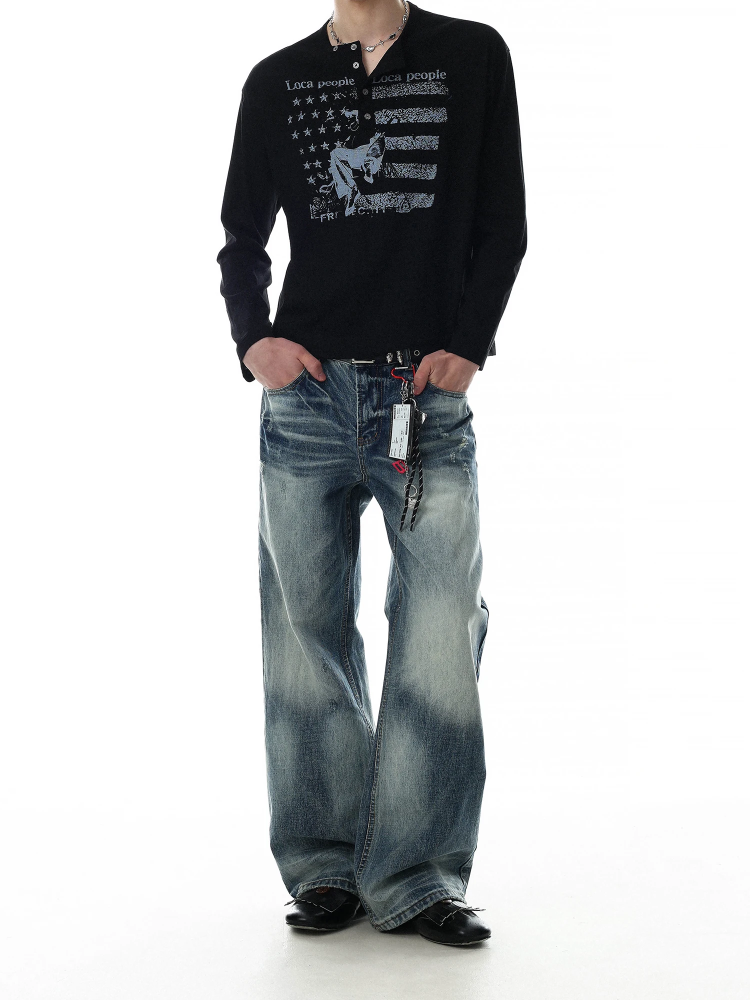 Retro American Washed Distressed Jeans Loose Straight Leg Lightning Pattern Long Trousers Trendy Unisex Cotton Blend Denim