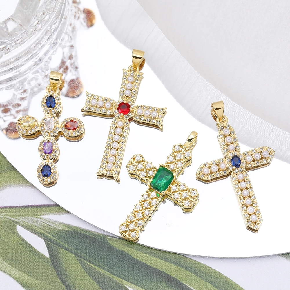 Juya Handmade 18K Real Gold Plated Opal Shell Christian Cross Charms For DIY Religious Christmas Gift Jewelry Making Supplies