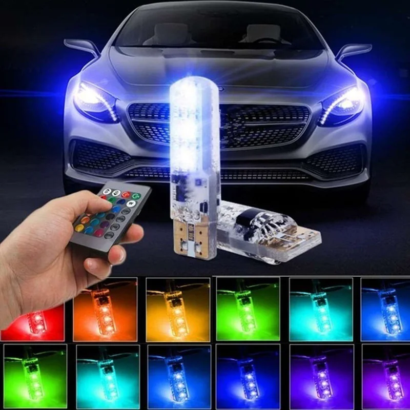2x T10 W5W 501 Car Wedge Side Light Atmosphere Bulb 12V 6SMD 5050 RGB 7 Color LED Remote Control Strobe Flash Lamp With Battery