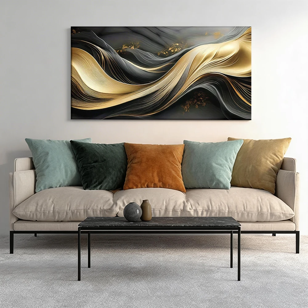 

2D flat printing 1pcGold-Black Wave Texture Abstract Large-sized canvas painting, for corridor and bedroom decoration