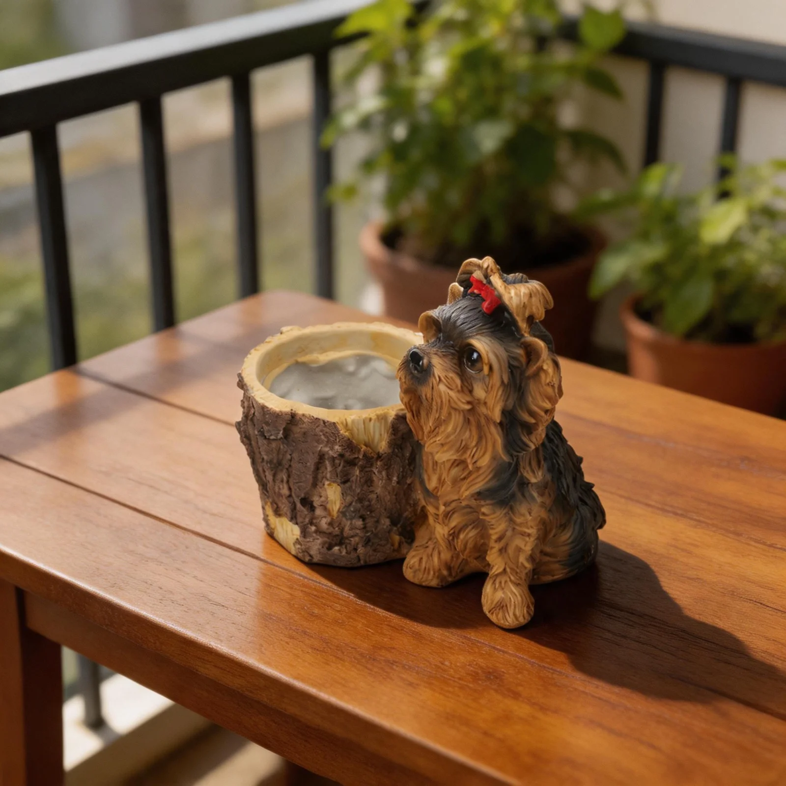 Resin Yorkie Dog Shaped Flower Pot with Lifelike Proportions and Rustic Base for Succulent Herb and Flower Planting
