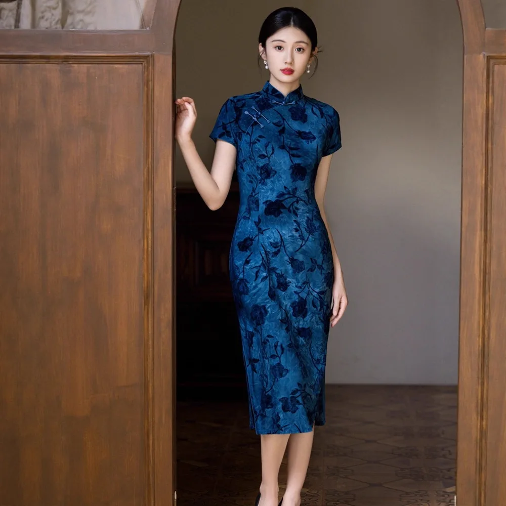 Yourqipao Summer Blue Modified Cheongsam Evening Dress Retro Fashion Banquet Daily Qipao Chinese Traditional Dress for Girls